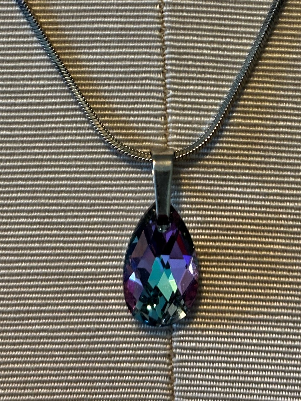 Teardrop Crystal Pendant Necklace in Purple and Teal on 18” Chain
